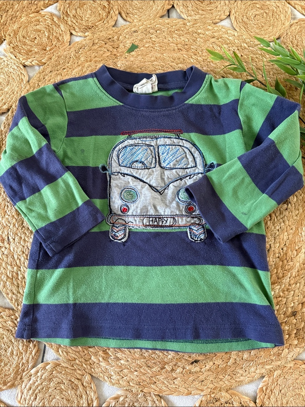 Frugi 100% organic Cotton Applique Camper Van Striped Shirt. Size 3/4